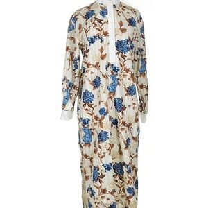 Tory Burch Cream and Blue Floral Long Sleeve Dress